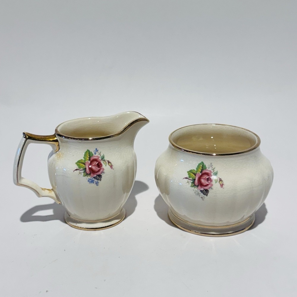 Vintage Sadler English Tea Cream & Sugar Set Ivory Gold Trim Rose Floral Design